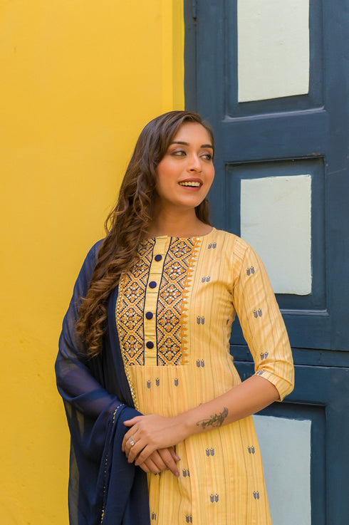 Ikat Yellow Cotton Embroidered Thread Work A-Line Kurta Suit Set