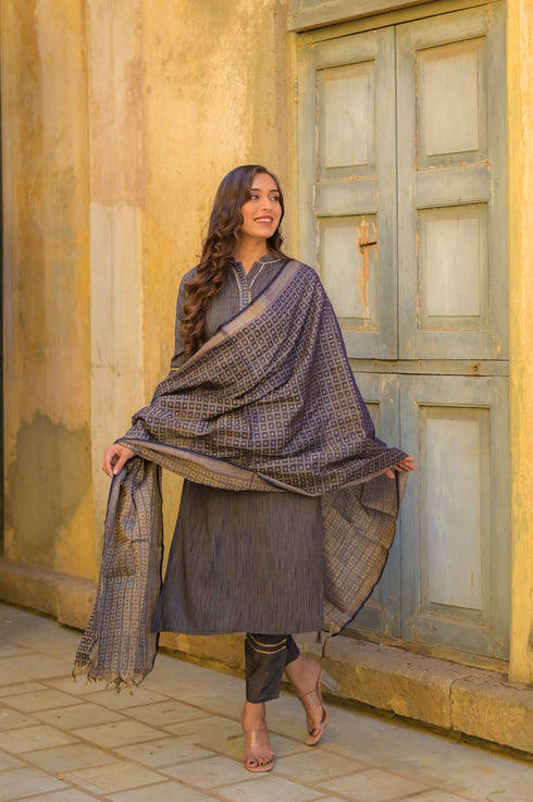 Solid Grey Straight Kurta Pant And Dupatta Set