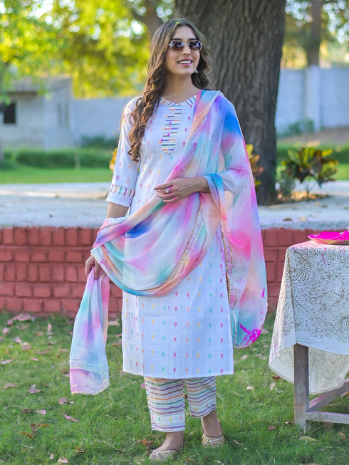 Women's Cotton Blend Self Design Straight Kurta Suit Set