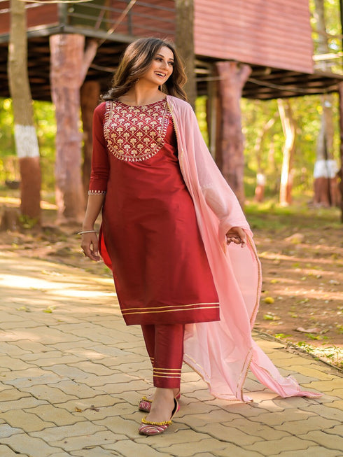 Maroon Silk Embroidered Aari Work Straight Kurta Suit Set