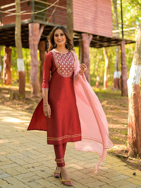 Maroon Silk Embroidered Aari Work Straight Kurta Suit Set