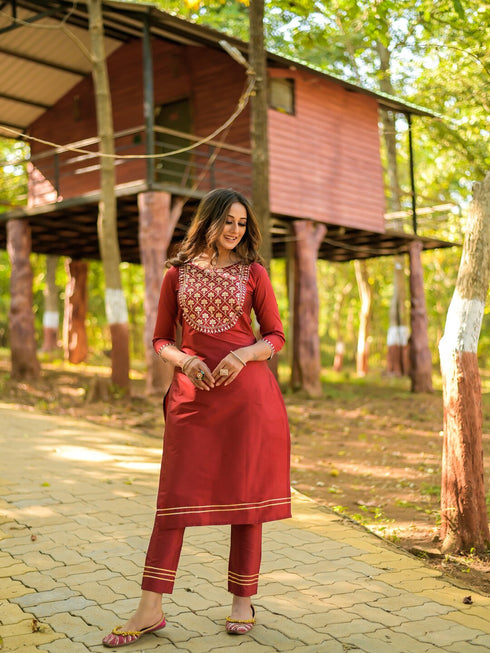 Maroon Silk Embroidered Aari Work Straight Kurta Suit Set