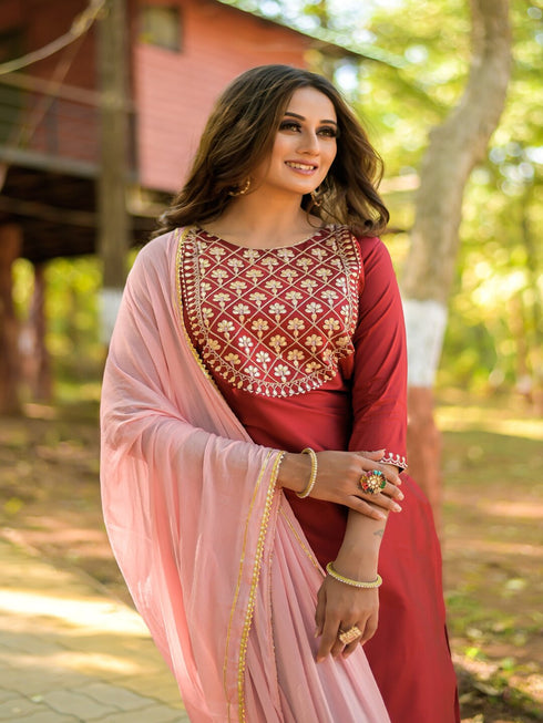 Maroon Silk Embroidered Aari Work Straight Kurta Suit Set