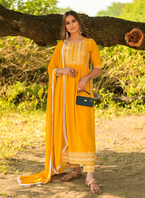 Yellow Panelled Printed A-Line Rayon Kurta Suit Set