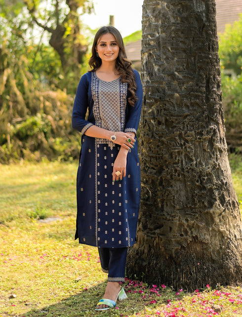 Navy Blue Panelled Straight Cotton Kurta Suit Set