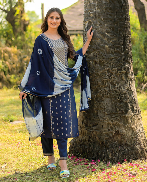 Navy Blue Panelled Straight Cotton Kurta Suit Set