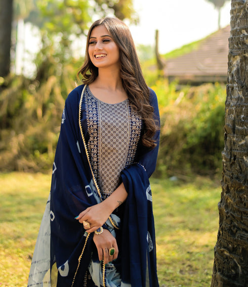 Navy Blue Panelled Straight Cotton Kurta Suit Set