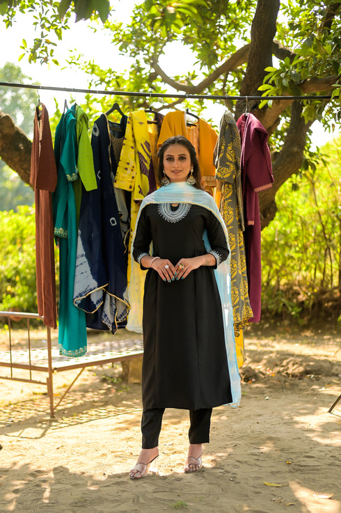 Black Silk Embroidered Sequined Straight Kurta Suit Set