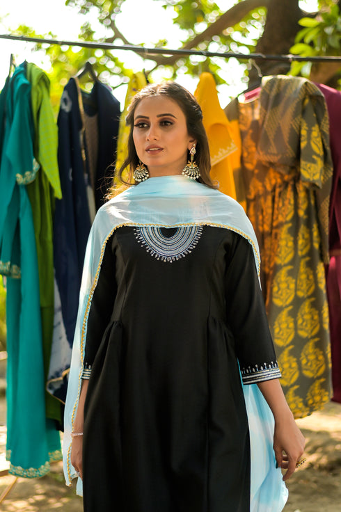 Black Silk Embroidered Sequined Straight Kurta Suit Set