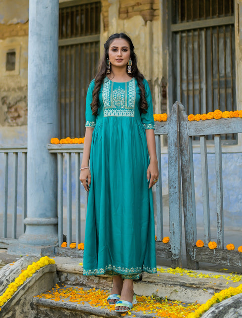 Rama Panelled Printed A-Line Rayon Kurta Suit Set