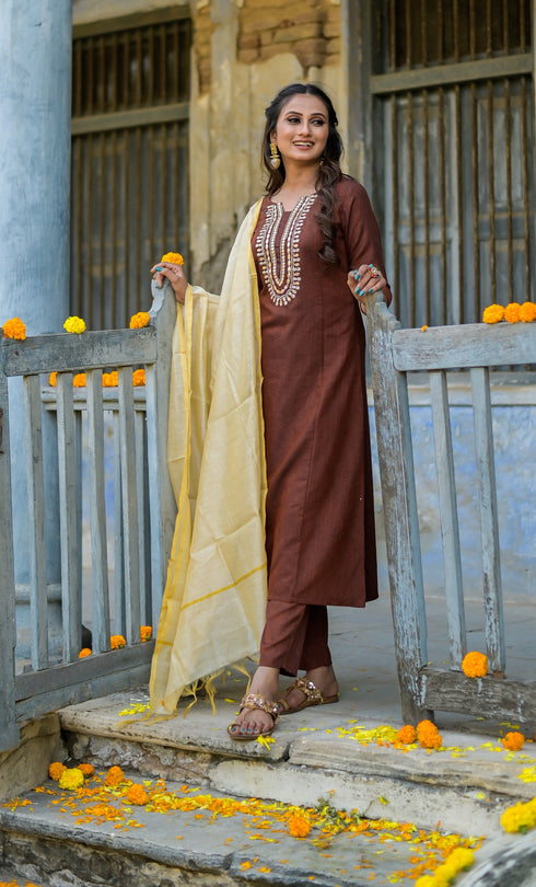 Coffee-Coloured Silk Embroidered Sequined Kurta Suit Set