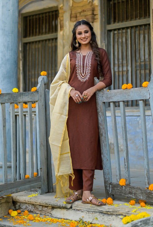 Coffee-Coloured Silk Embroidered Sequined Kurta Suit Set