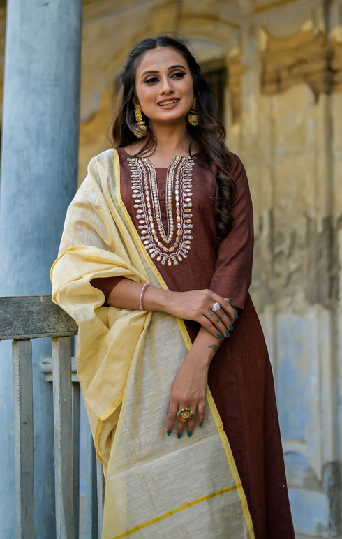Coffee-Coloured Silk Embroidered Sequined Kurta Suit Set