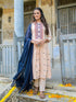 Ikat Peach Cotton Embroidered Thread Work A-Line Kurta Suit Set