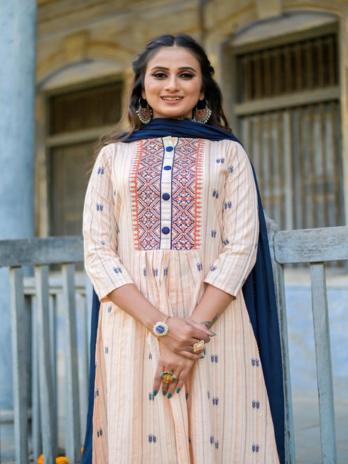 Ikat Peach Cotton Embroidered Thread Work A-Line Kurta Suit Set