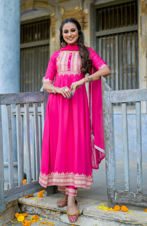 Rani Panelled Printed A-Line Rayon Kurta Suit Set