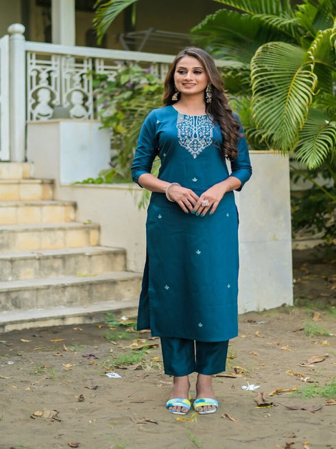 Peacock-Coloured Pure Chanderi Embroidered Kurta Suit Set