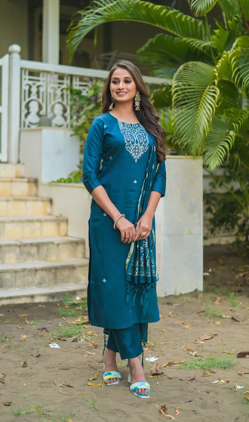 Peacock-Coloured Pure Chanderi Embroidered Kurta Suit Set