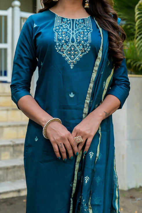 Peacock-Coloured Pure Chanderi Embroidered Kurta Suit Set