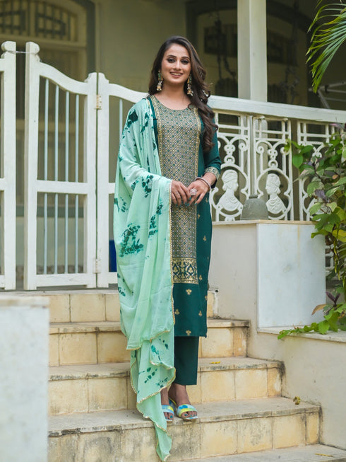Green Panelled Straight Cotton Kurta Suit Set