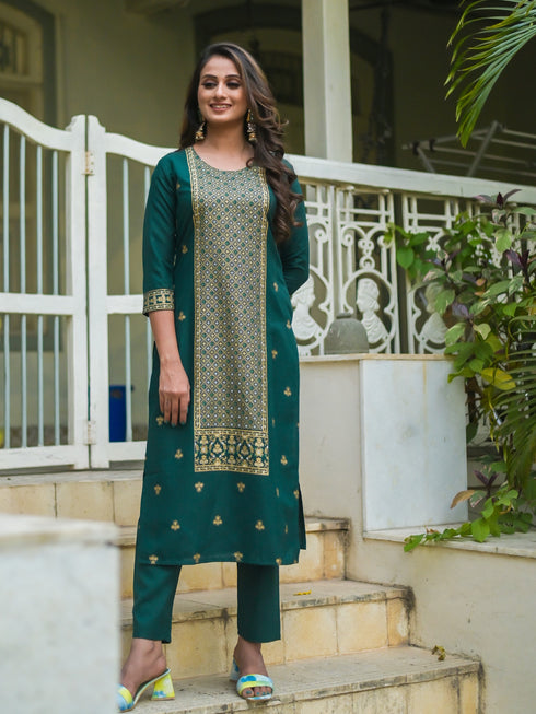 Green Panelled Straight Cotton Kurta Suit Set