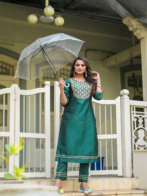 Green Silk Embroidered Aari Work Straight Kurta Suit Set