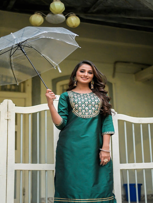 Green Silk Embroidered Aari Work Straight Kurta Suit Set