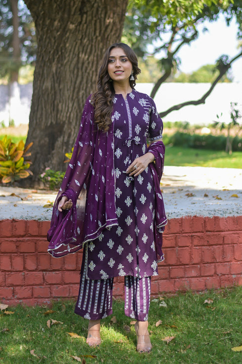 Purple Rayon Printed Straight Kurta Suit Set