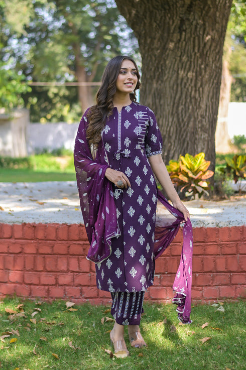 Purple Rayon Printed Straight Kurta Suit Set