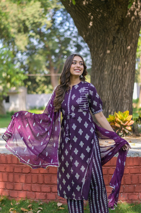 Purple Rayon Printed Straight Kurta Suit Set