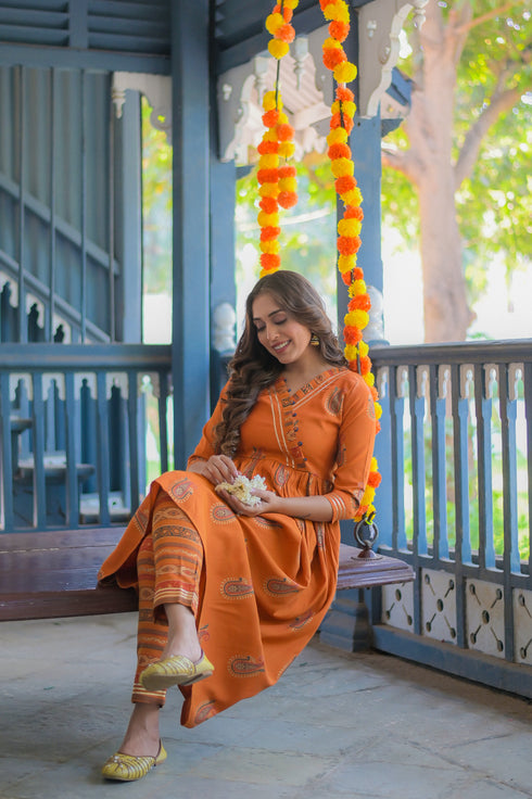 Orange Printed Rayon Suit Set