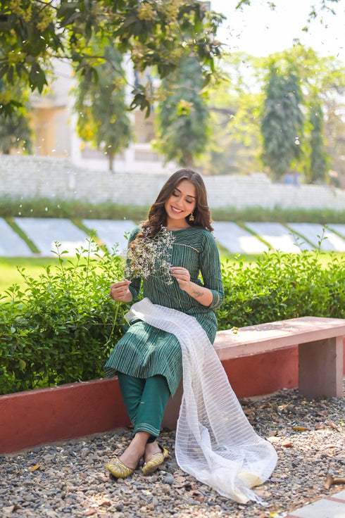 Green Cotton Blend Straight Kurta Suit Set
