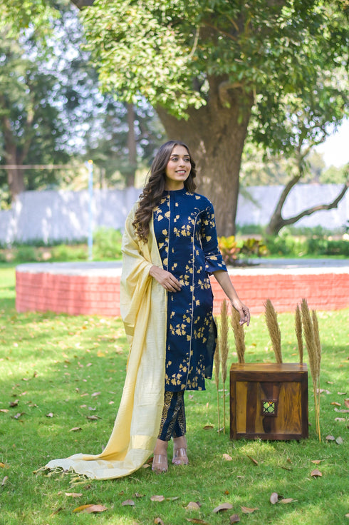 Nevy Blue Gold Printed Suits Set