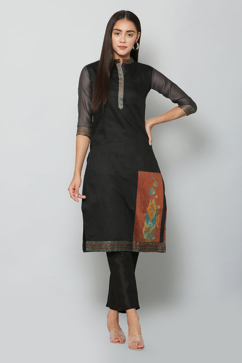 Women Woven Design Poly Chanderi A-line Kurta (Black)