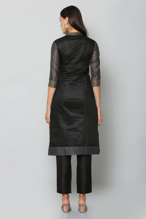 Women Woven Design Poly Chanderi A-line Kurta (Black)