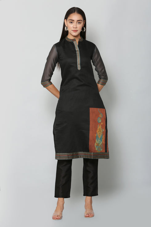 Women Woven Design Poly Chanderi A-line Kurta (Black)