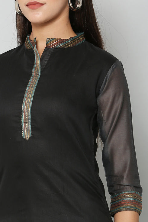 Women Woven Design Poly Chanderi A-line Kurta (Black)