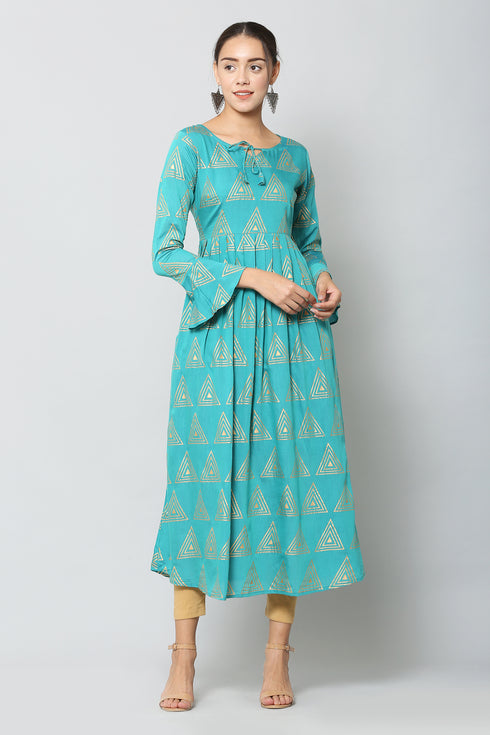 Women Geometric Print Muslin Flared Kurta (Blue)