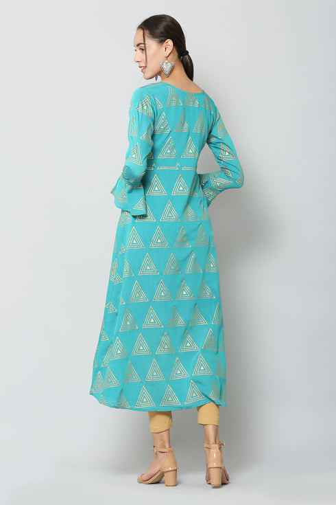 Women Geometric Print Muslin Flared Kurta (Blue)