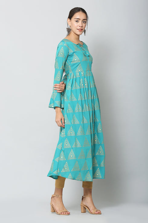 Women Geometric Print Muslin Flared Kurta (Blue)