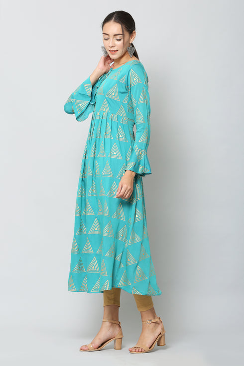 Women Geometric Print Muslin Flared Kurta (Blue)