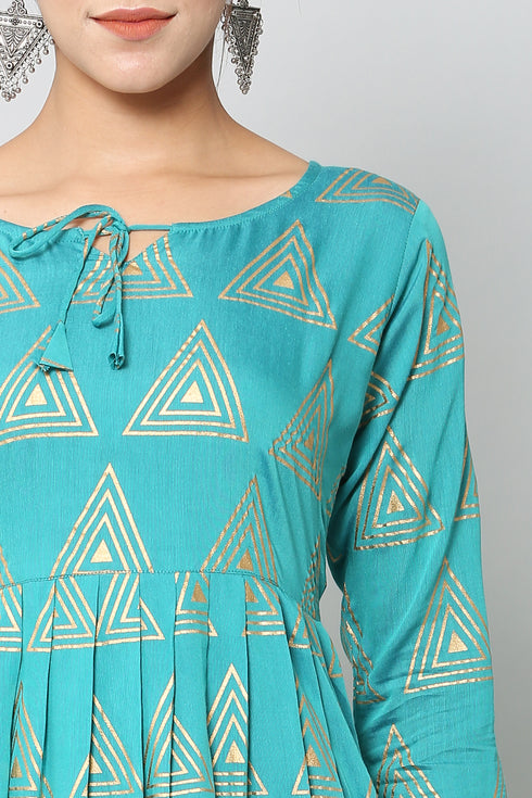 Women Geometric Print Muslin Flared Kurta (Blue)