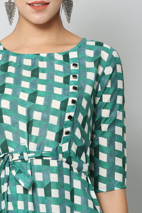 Women Printed Green Flared Kurta