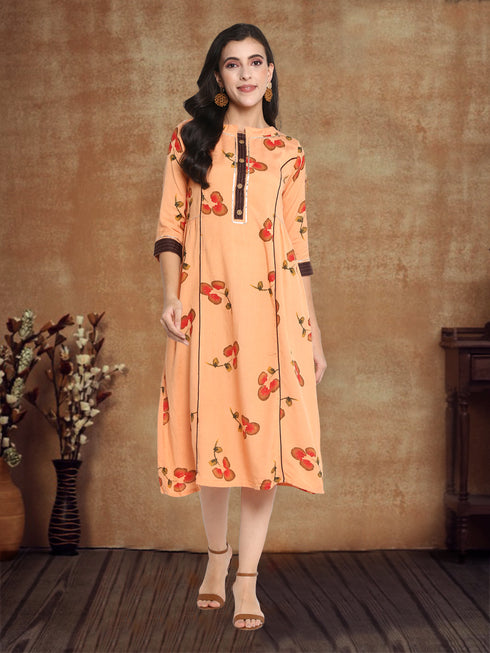 Women Foil Printed Orange Casual Daily Wear Kurta