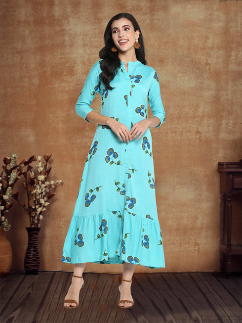 Women Foil Printed Blue Casual Daily Wear Flared Kurta