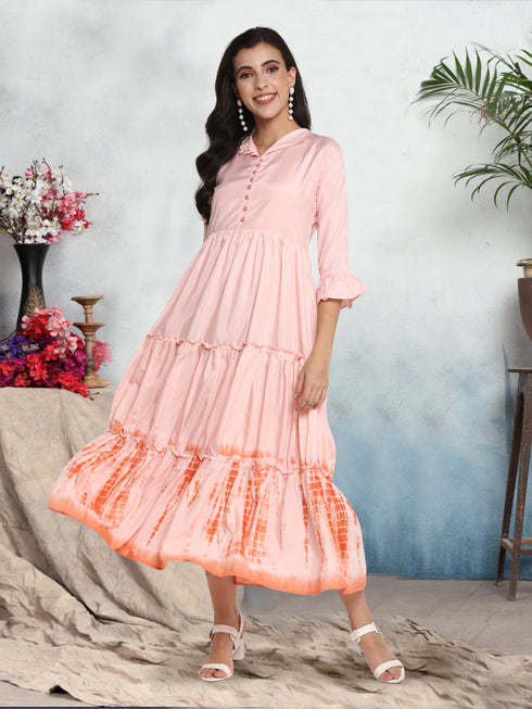 Women Foil Printed Pink Casual Maxi Style Dress