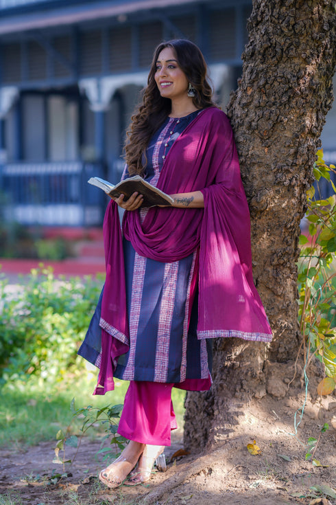 Maroon Satin Printed Round Neck Kurta Suit Set