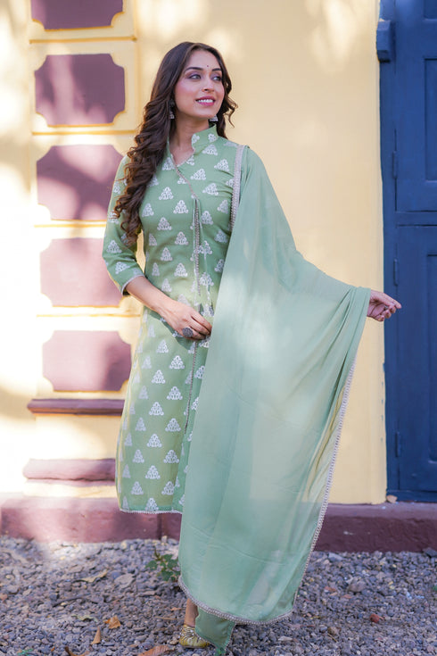 Green Rayon V-Neck Straight Printed Kurta Suit Set