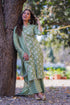 Green Rayon V-Neck Straight Printed Kurta Suit Set