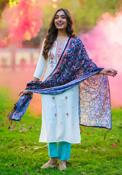Women Rayon Embroidery Kurta Trousers Set (White)